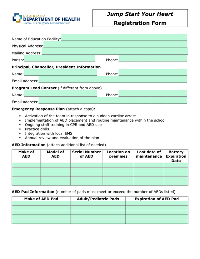 Jump Start Your Heart Registration Form screenshot