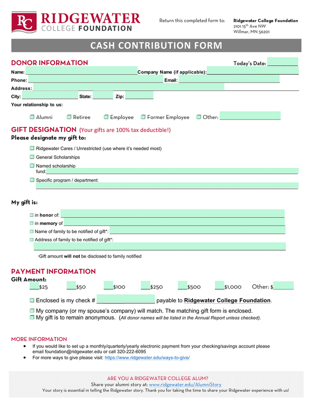 Cash Contribution Form screenshot