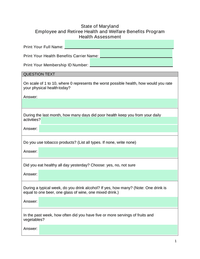 State Of Maryland Employee And Retiree Health And Welfare Benefits Program Health Assessment screenshot
