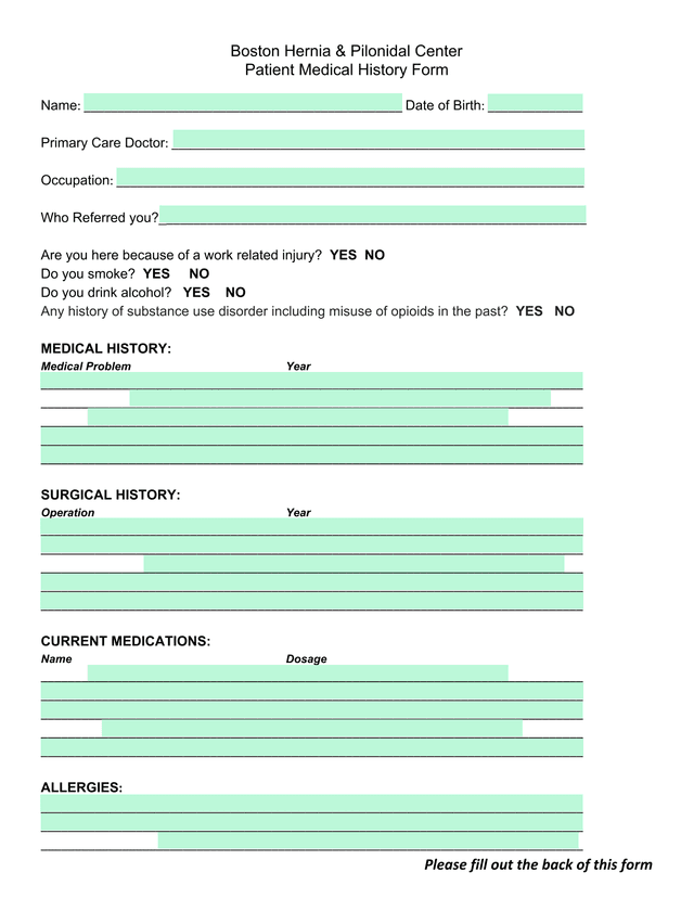 Patient Medical History Form screenshot