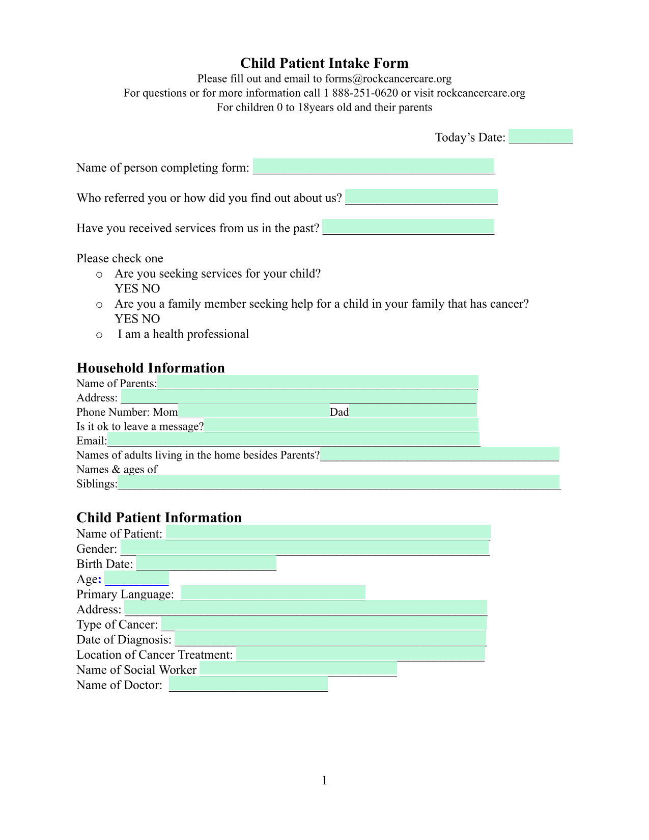 Child Patient Intake Form screenshot