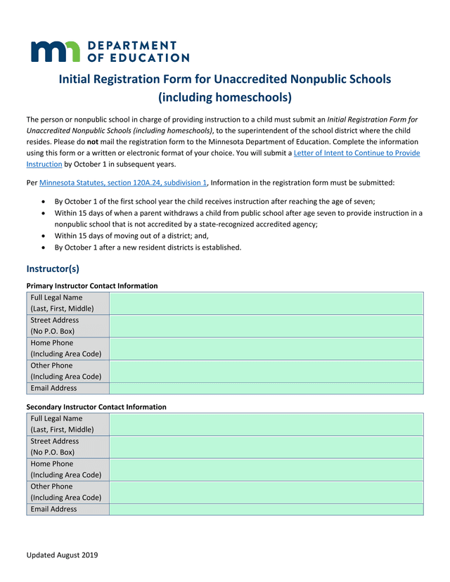 Initial Registration Form For Unaccredited Nonpublic Schools (Including Homeschools) screenshot