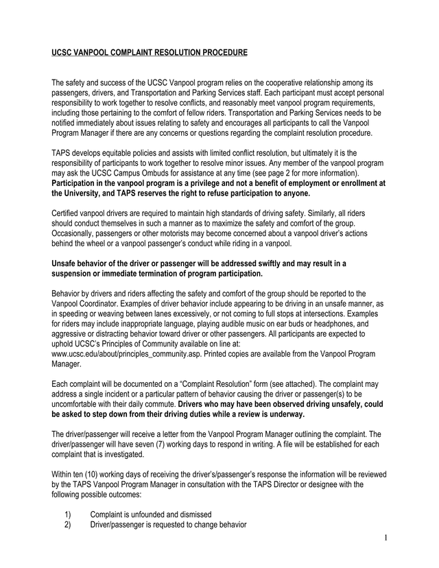 UCSC Vanpool Complaint Resolution Procedure screenshot