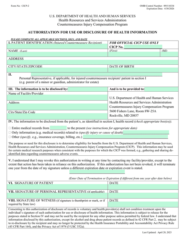 CICP 2 Authorization For Disclosure Of Health Information screenshot