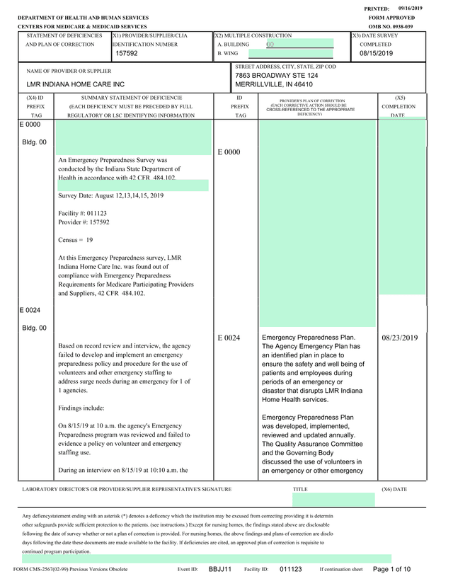 Statement Of Deficiencies And Plan Of Correction screenshot