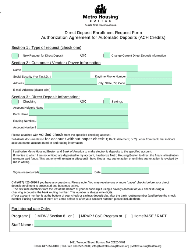Direct Deposit Enrollment Request Form screenshot