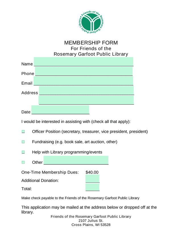 Membership Form For Friends Of The Rosemary Garfoot Public Library screenshot