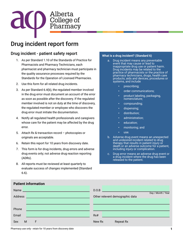 Drug Incident Report Form screenshot