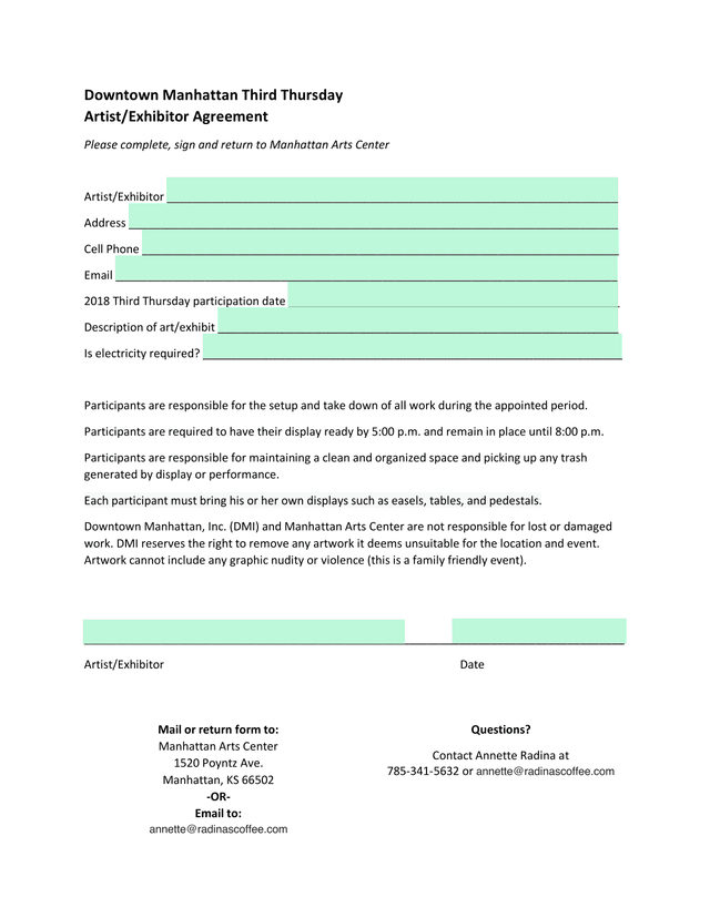 Downtown Manhattan Third Thursday ArtistExhibitor Agreement screenshot