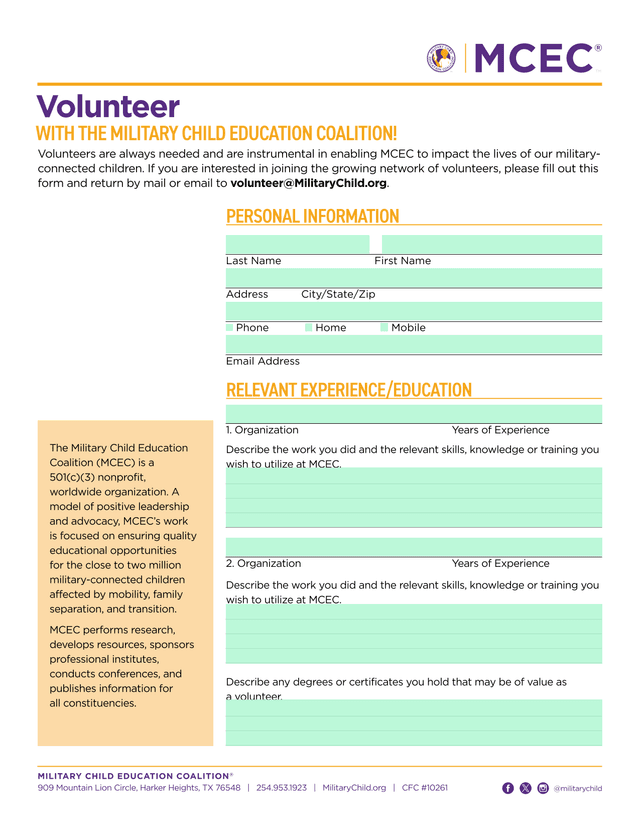 Military Child Education Coalition Volunteer Form screenshot