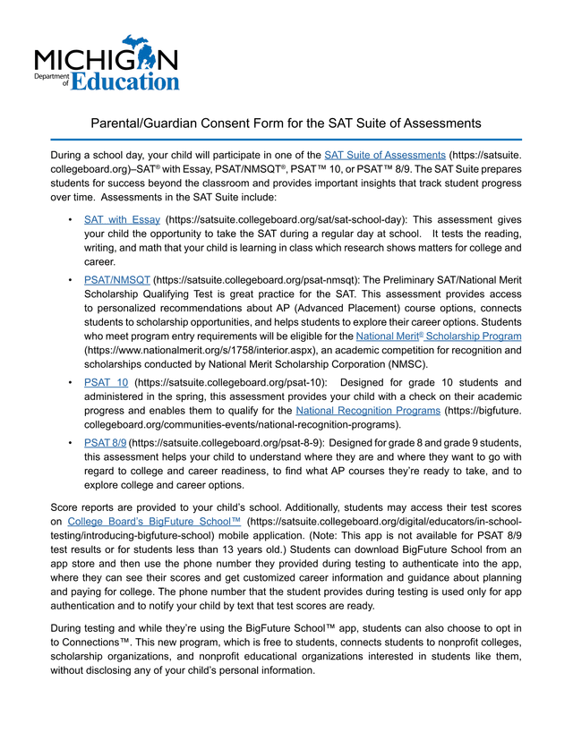 ParentalGuardian Consent Form For The SAT Suite Of Assessments screenshot