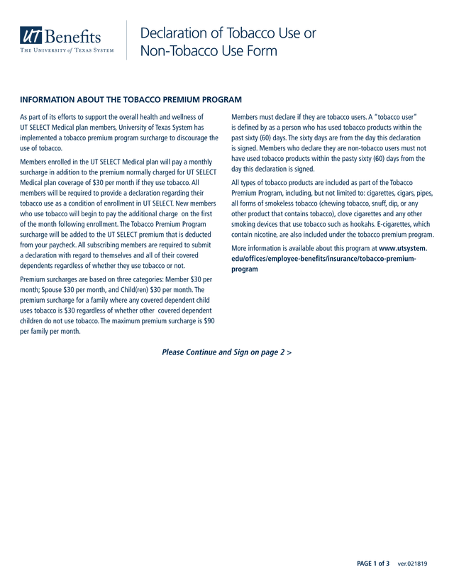 Declaration Of Tobacco Use Or Non Tobacco Use Form screenshot