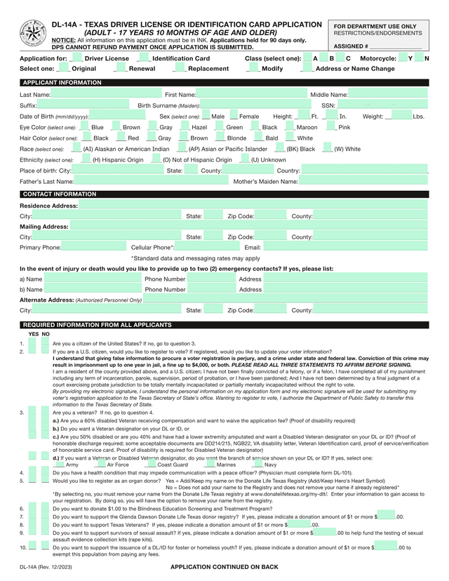 DL 14A   Texas Driver License Or Identification Card Application screenshot