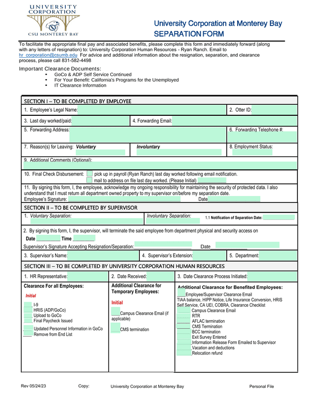 Separation Form screenshot