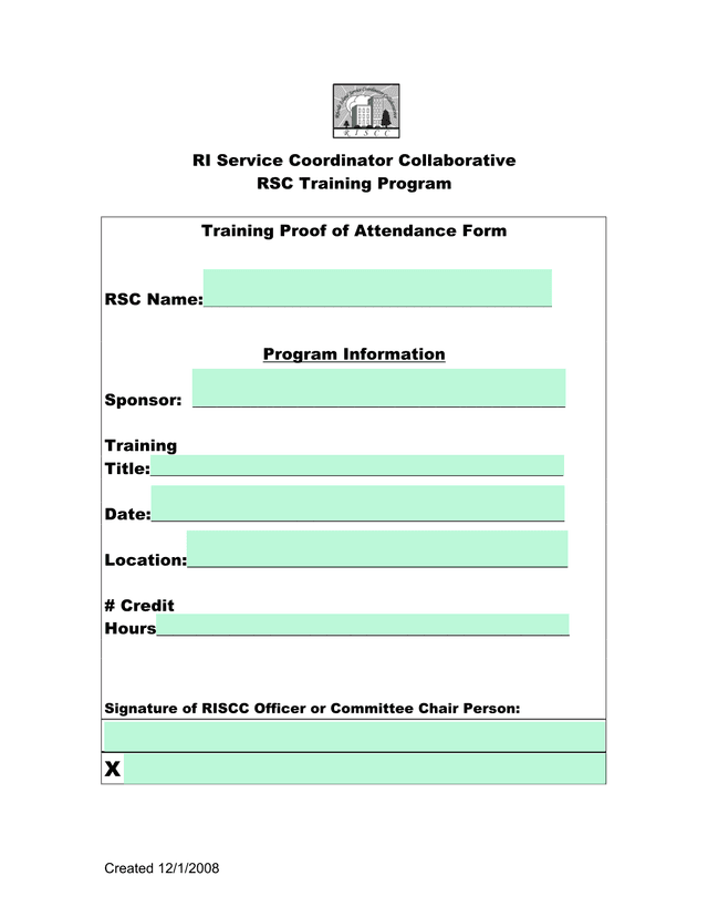 Training Proof Of Attendance Form screenshot