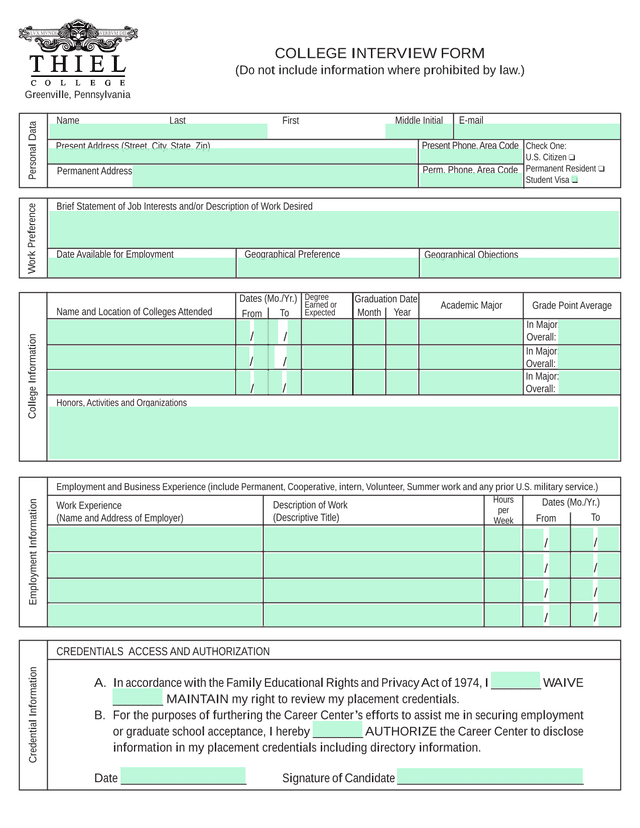COLLEGE INTERVIEW FORM screenshot