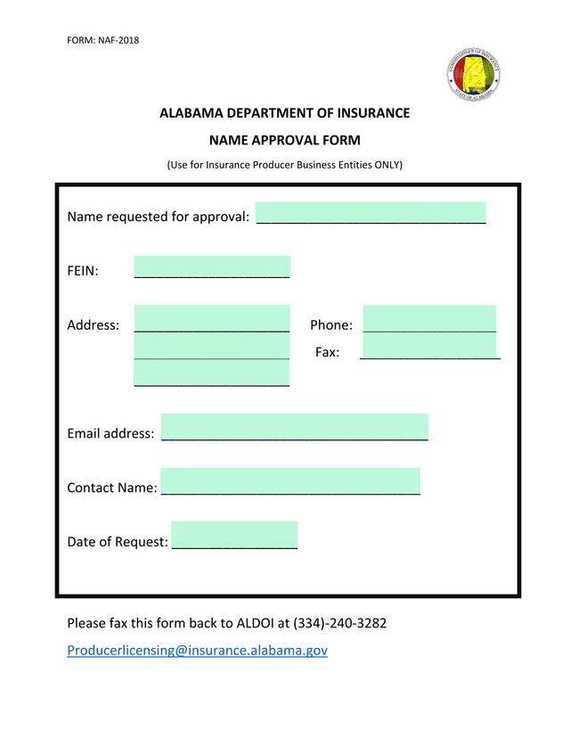 NAF 2018 Alabama Department Of Insurance Name Approval Form screenshot