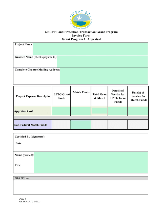 GBRPP Land Protection Transaction Grant Program Invoice Form screenshot