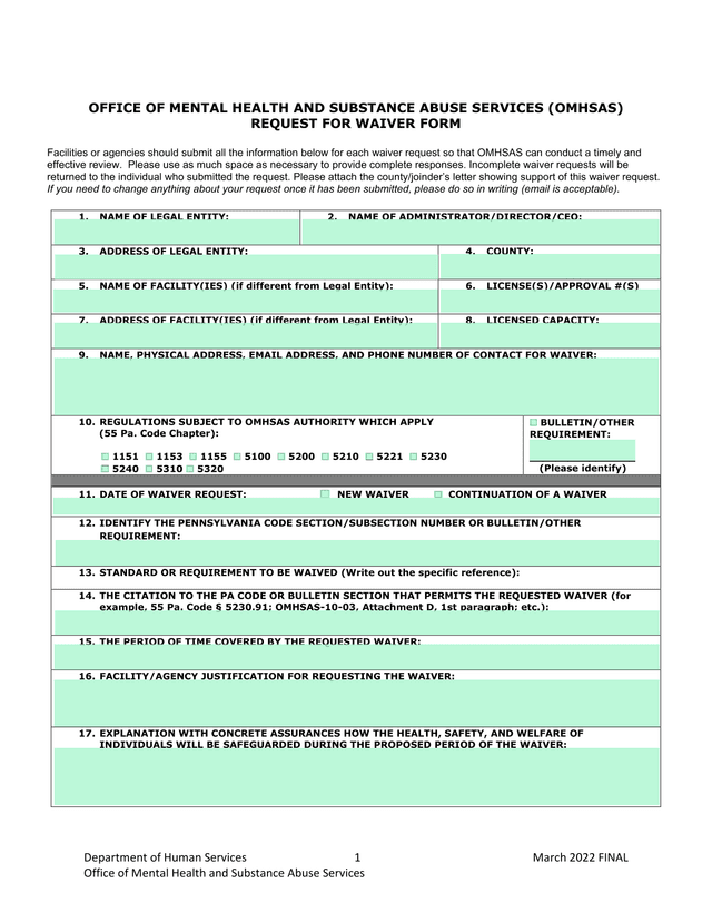 OMHSAS Request For Waiver Form screenshot