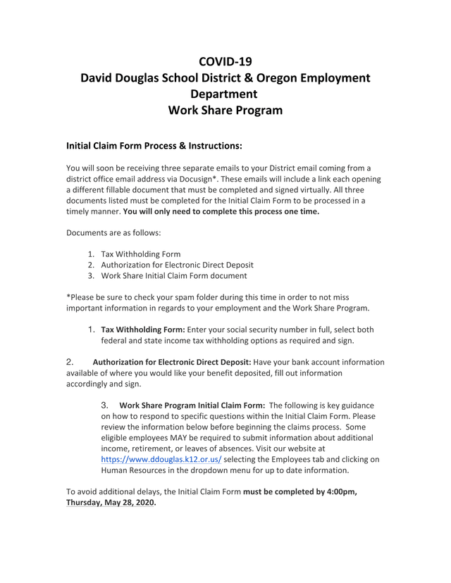 COVID 19 David Douglas School District  Oregon Employment Department Work Share Program Initial Clai screenshot