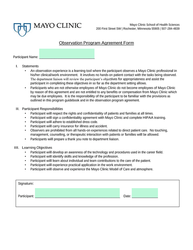 Observation Program Agreement Form screenshot