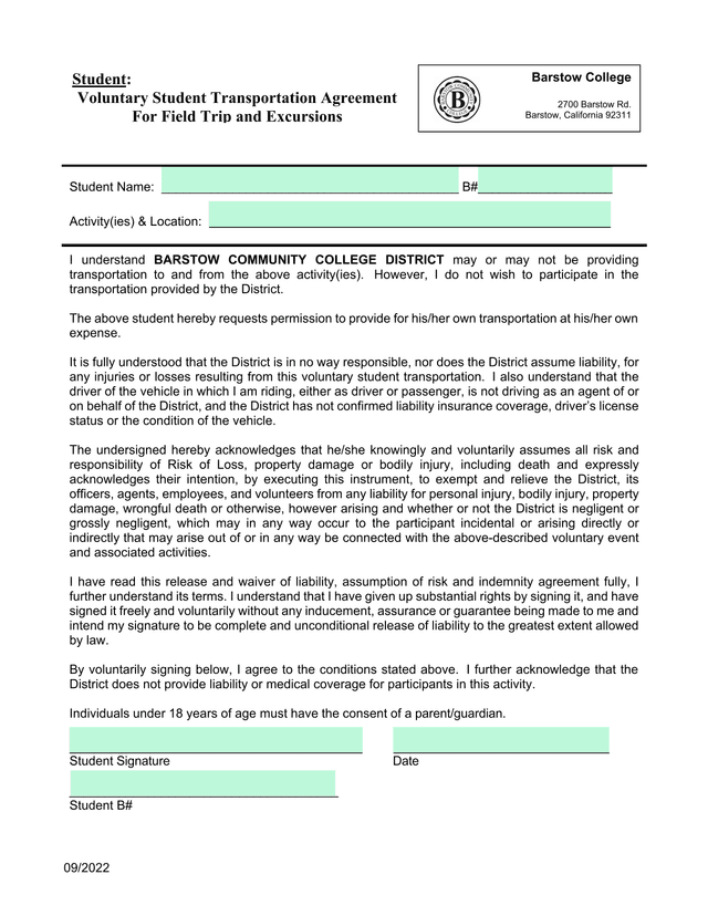 Voluntary Student Transportation Agreement For Field Trip And Excursions screenshot