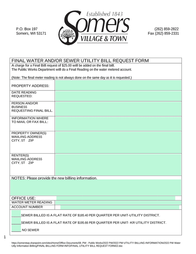 Final Water AndOr Sewer Utility Bill Request Form screenshot