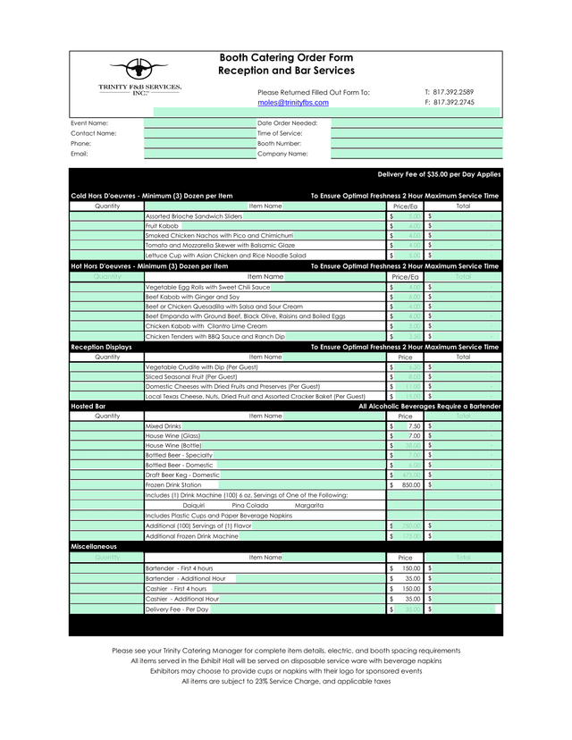 Catering Order Form screenshot