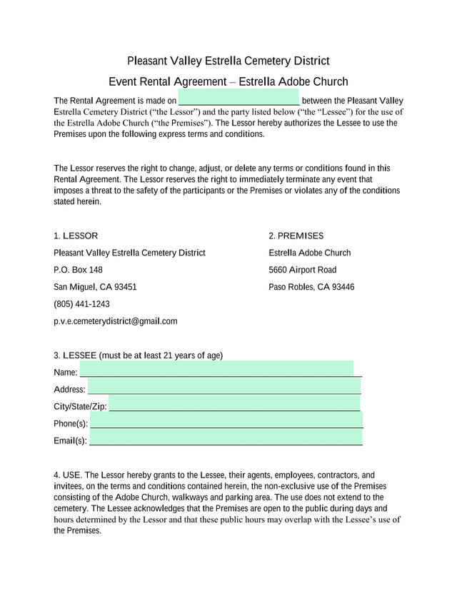 Estrella Adobe Church Event Rental Agreement screenshot
