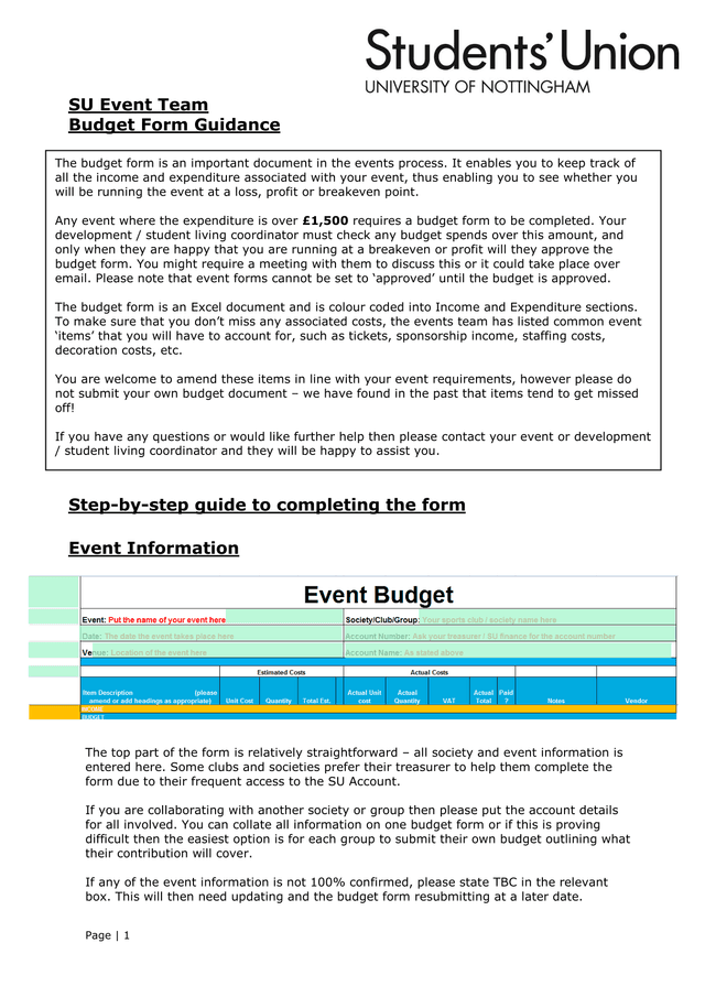 SU Event Team Budget Form Guidance screenshot