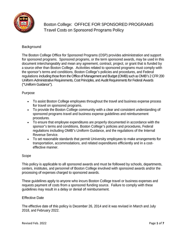 Travel Costs On Sponsored Programs Policy screenshot