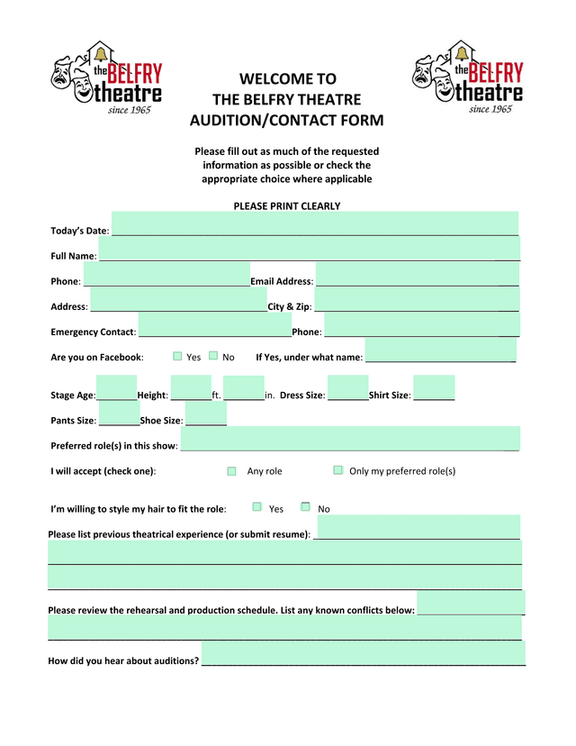 The Belfry Theatre AuditionContact Form screenshot