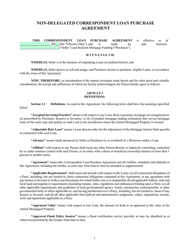 NON DELEGATED CORRESPONDENT LOAN PURCHASE AGREEMENT screenshot