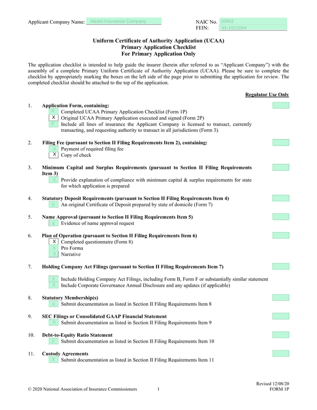 Uniform Certificate Of Authority Application (UCAA) Primary Application Checklist screenshot