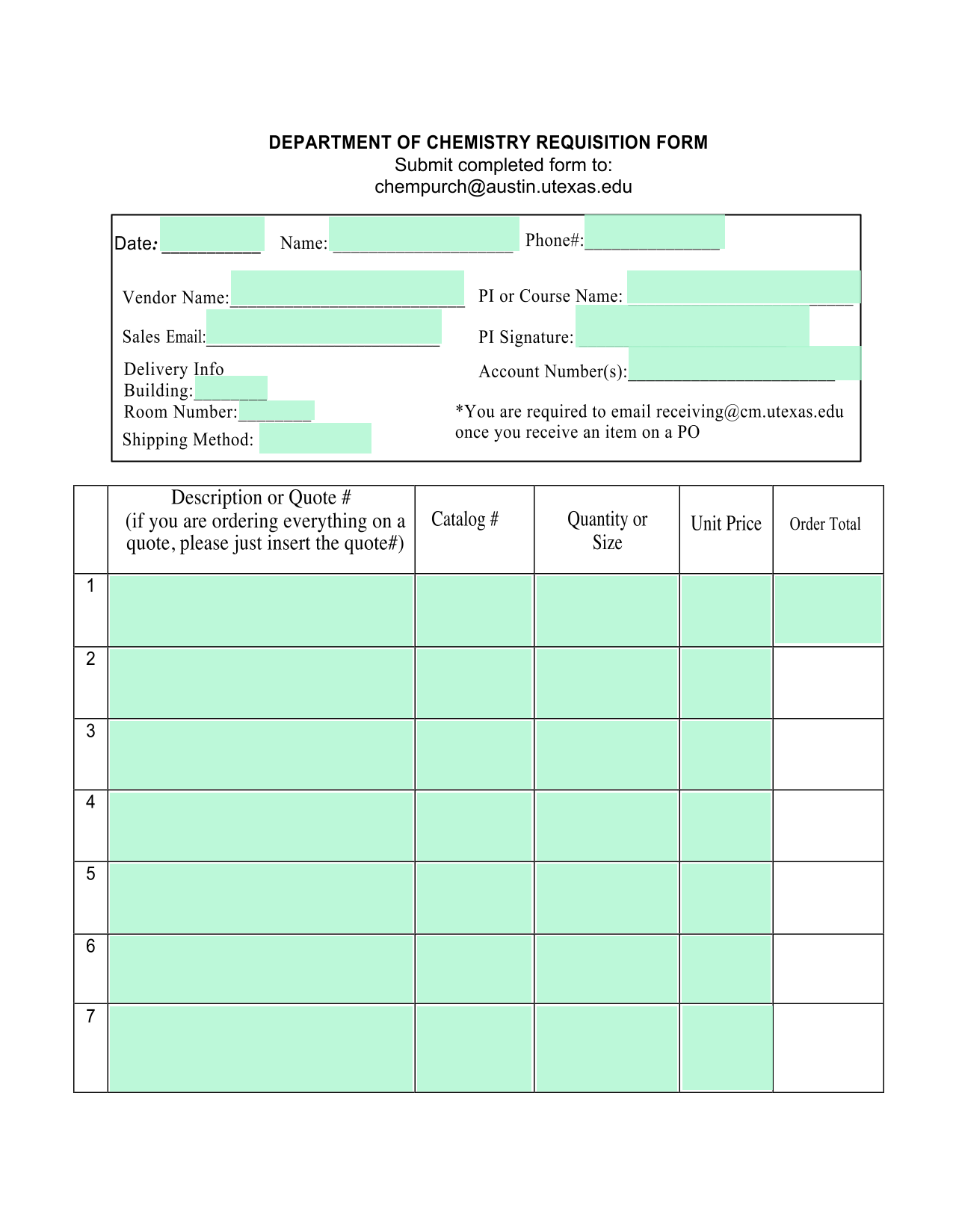 Department Of Chemistry Requisition Form screenshot