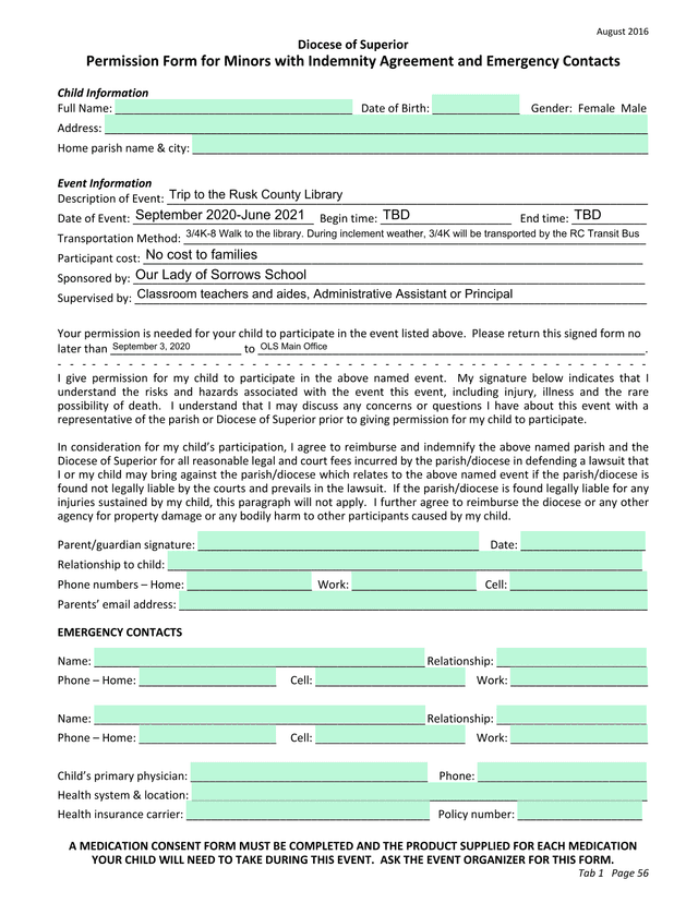 Permission Form For Minors With Indemnity Agreement And Emergency Contacts screenshot