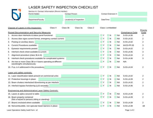 Laser Operations Safety Audit Form screenshot