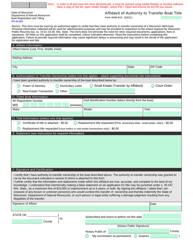 Affidavit Of Authority To Transfer Boat Title screenshot