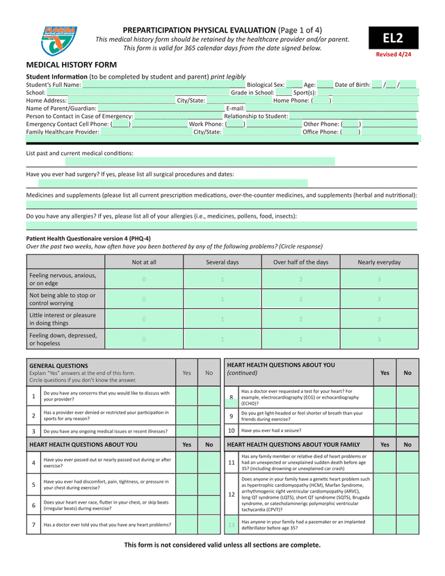 Preparticipation Physical Evaluation Medical History Form screenshot