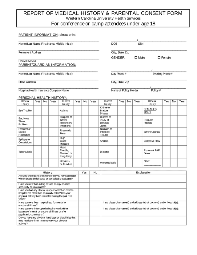 REPORT OF MEDICAL HISTORY  PARENTAL CONSENT FORM screenshot