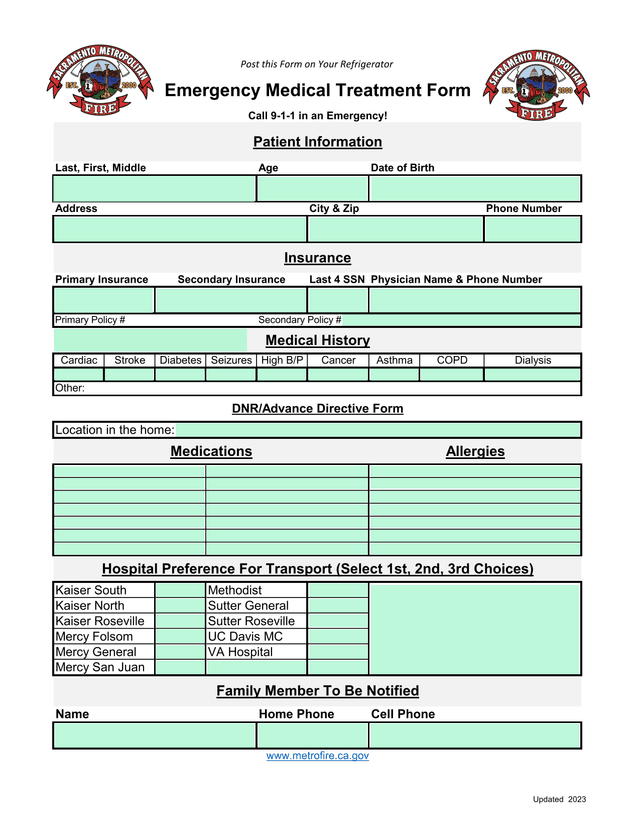 Emergency Medical Treatment Form screenshot