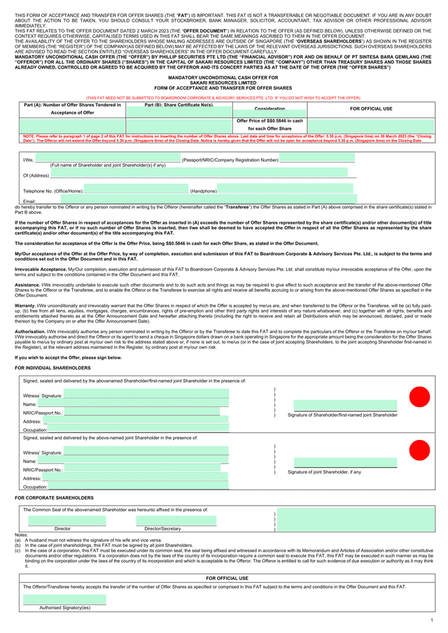 Form Of Acceptance And Transfer For Offer Shares screenshot