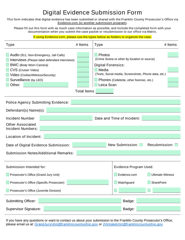 Digital Evidence Submission Form screenshot