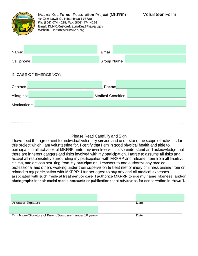 Mauna Kea Forest Restoration Project (MKFRP) Volunteer Form screenshot
