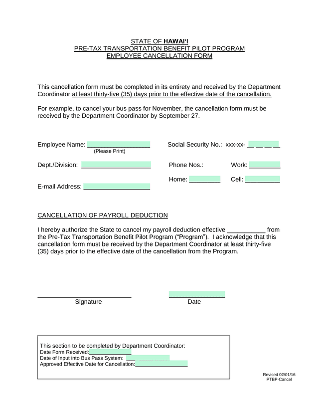 PRE TAX TRANSPORTATION BENEFIT PILOT PROGRAM EMPLOYEE CANCELLATION FORM screenshot