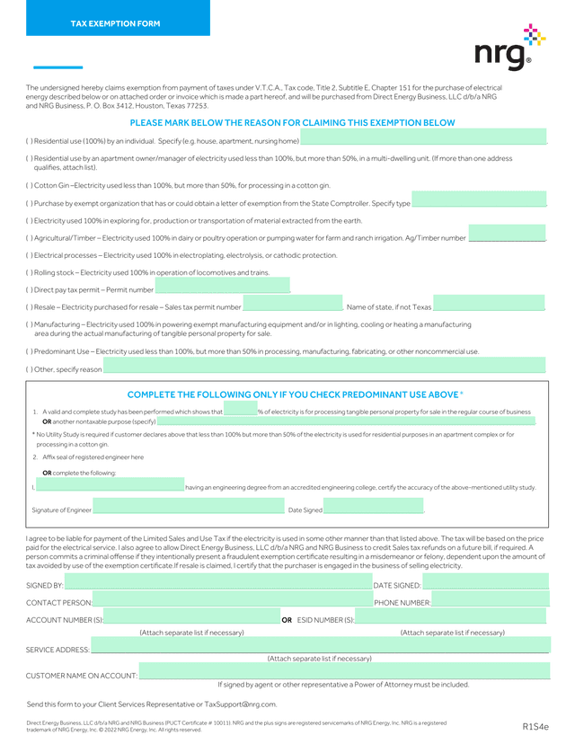 Texas Electricity Tax Exemption Certificate screenshot