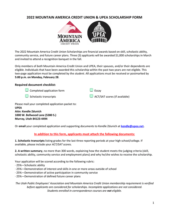 2022 Mountain America Credit Union  UPEA Scholarship Form screenshot