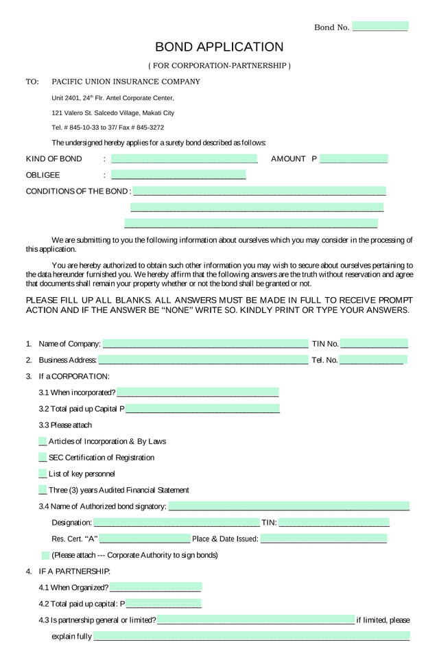 Bond Application (For Corporation Partnership) screenshot
