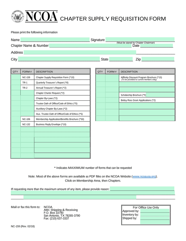 CHAPTER SUPPLY REQUISITION FORM screenshot