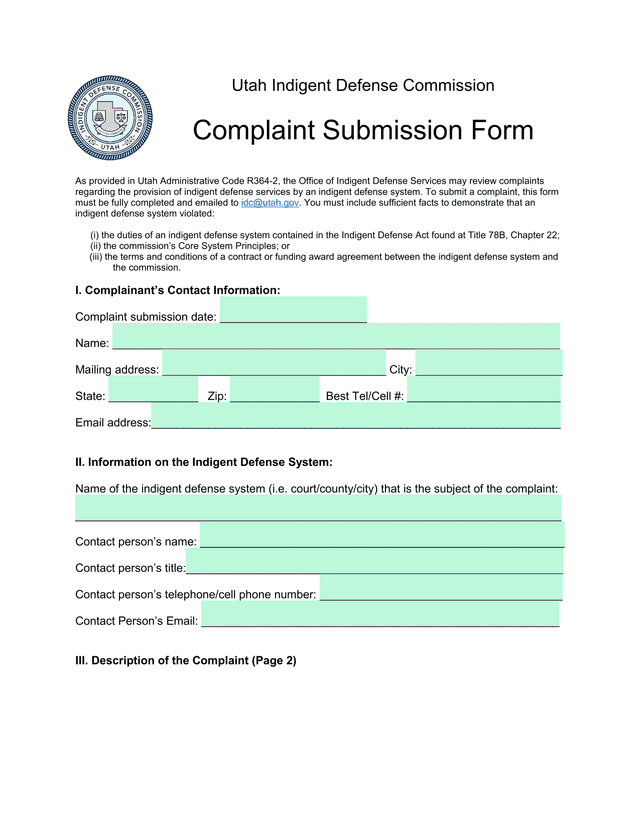 Utah Indigent Defense Commission Complaint Submission Form screenshot